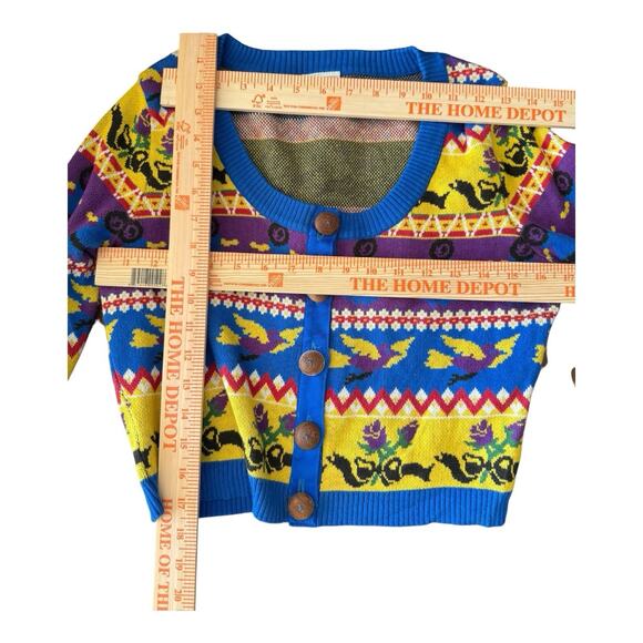 Vintage Betsey Johnson Punk Label Crop Cardigan Alley Cat Fair Aisle Print L Mod - Picture 13 of 16